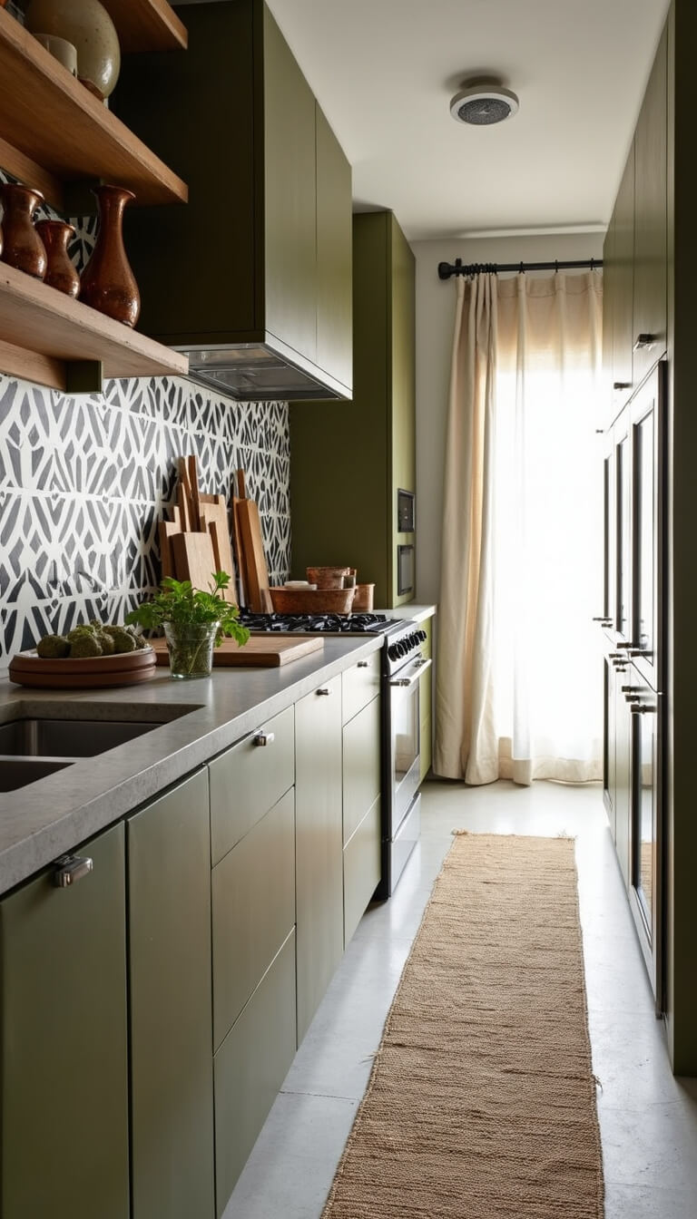 Galley kitchen with olive green cabinets, black and white geometric backsplash, concrete countertops, and copper cookware hanging above, lit by natural morning light through sheer curtains.