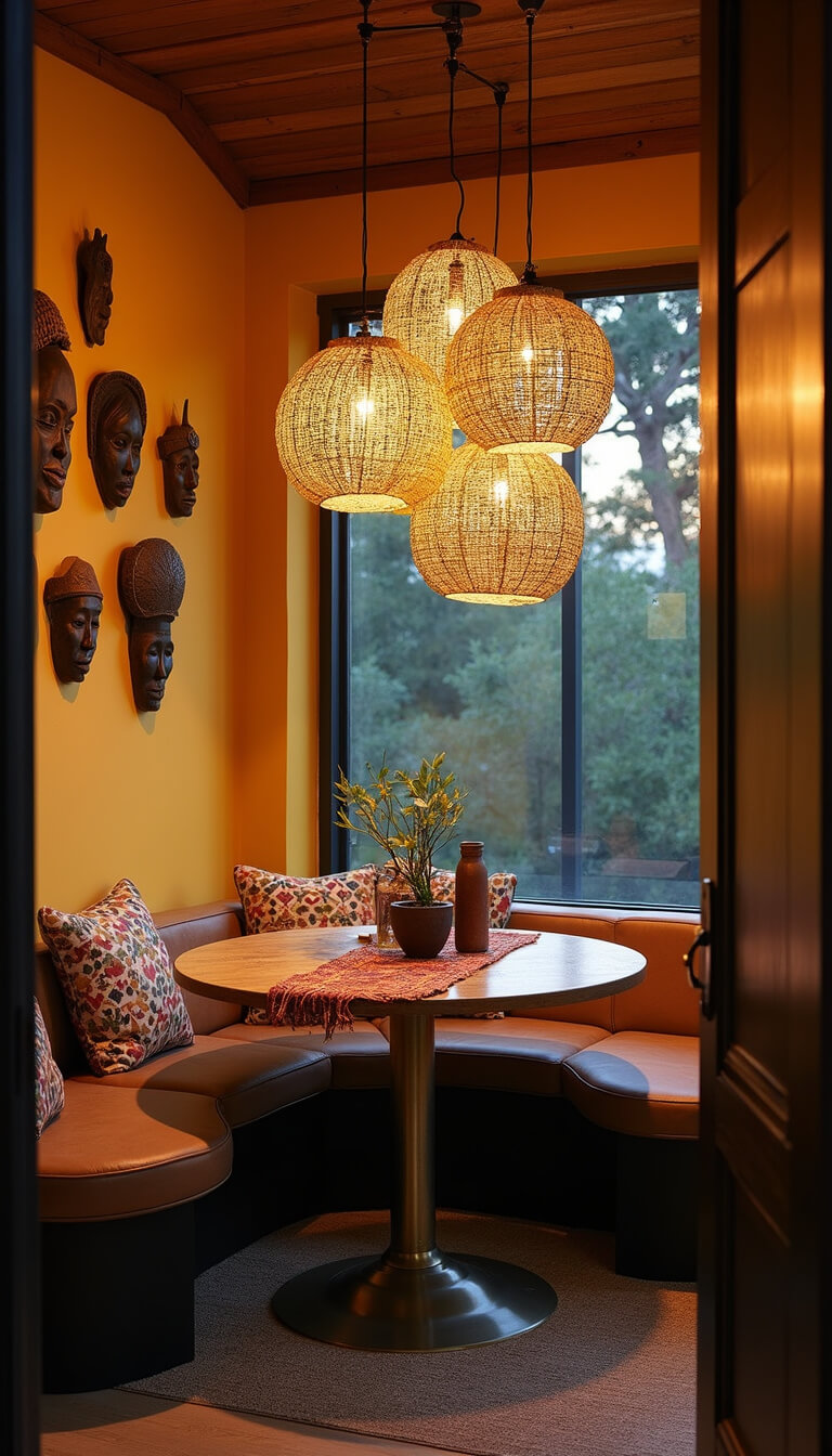 Cozy 10x10ft kitchen nook at dusk with ambient light from woven pendant lamps, mustard yellow accent wall displaying vintage African masks, round table with brass base and reclaimed wood top, and layered textiles including mud cloth cushions and handwoven table runner.