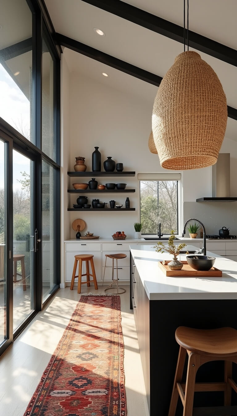 Modern spacious kitchen with high ceilings, black steel windows, rattan chandelier, open shelves with pottery, vintage kilim runner, and dramatic side lighting.