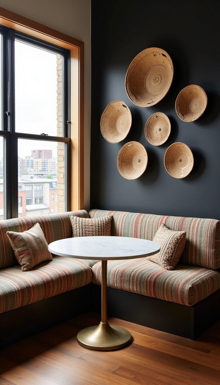 Cozy 8x8ft breakfast nook with floor-to-ceiling windows, African textile banquette, black accent wall with woven baskets, and round marble table with brass base in soft morning light.