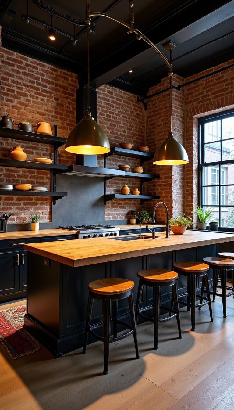 Industrial loft kitchen with exposed brick walls, black steel shelves displaying global pottery, brass pendant lights over wooden island with leather barstools, and a vintage runner, captured at blue hour with wide-angle lens.