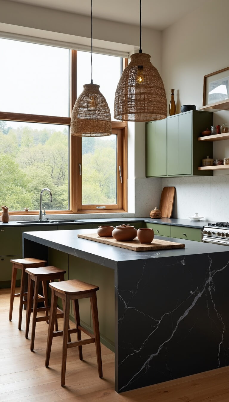 Open concept kitchen with olive green cabinets, black stone island, woven pendant lights, and floor-to-ceiling windows letting in midday light.