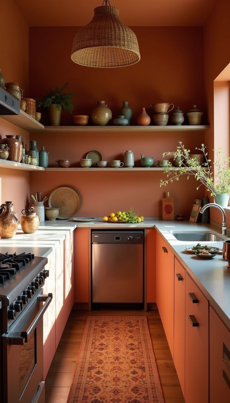 Afternoon sun warms a terracotta galley kitchen with open shelves of earth-toned ceramics, vintage runner, copper accents, and rattan pendant casting shadows.