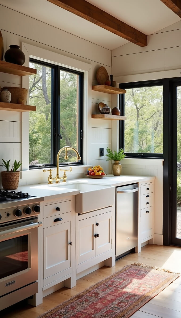 Modern farmhouse kitchen with white shiplap, warm wood accents, black-framed windows, and eclectic decor at golden hour.