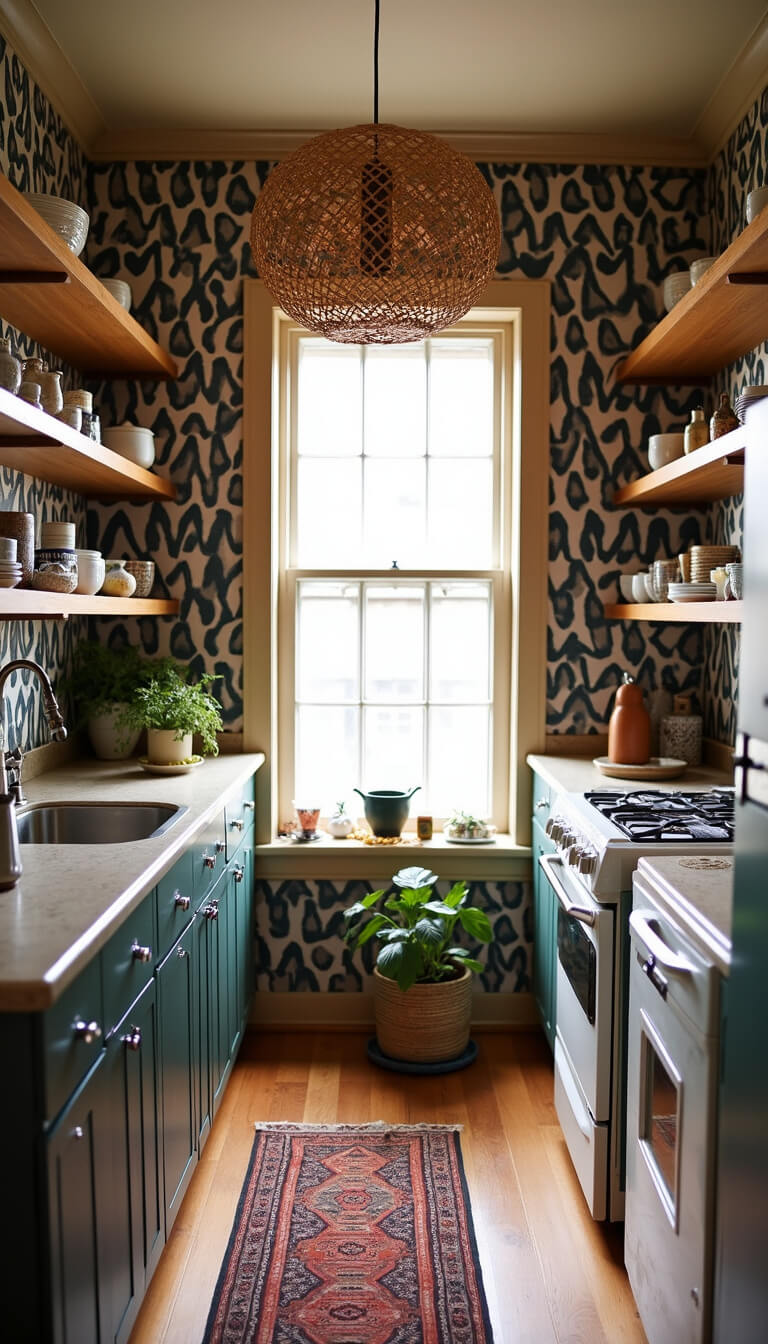 Studio apartment kitchen with bold geometric wallpaper, open shelving displaying global pottery, rattan light fixture, and vintage runner in morning light.