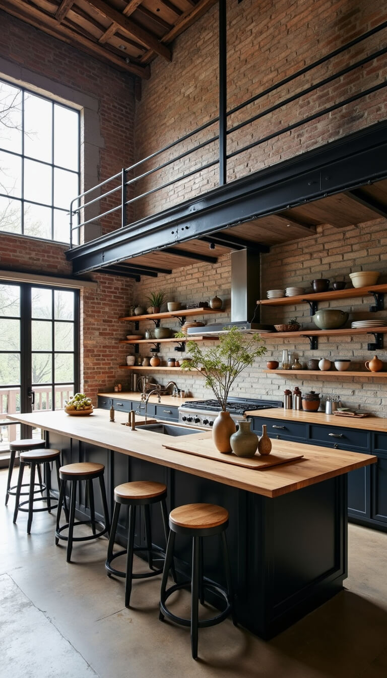 Converted warehouse kitchen with high ceilings, industrial windows, black steel shelves displaying pottery, and large island, viewed from mezzanine.