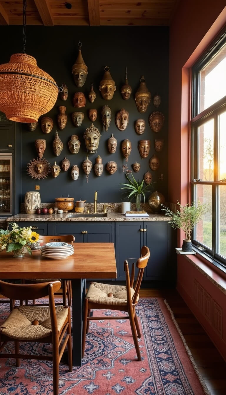 Bohemian cottage kitchen with black accent wall displaying vintage masks, mixed textiles, brass details, and warm sunset lighting viewed from dining area.