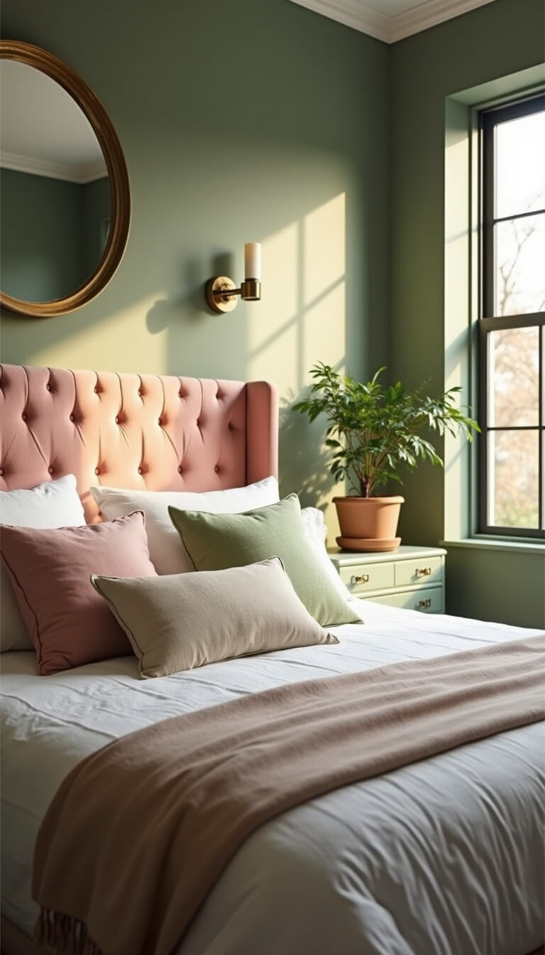 Sunlit bedroom with sage green walls, blush pink tufted headboard, white linen bedding, brass accents, and potted monstera.