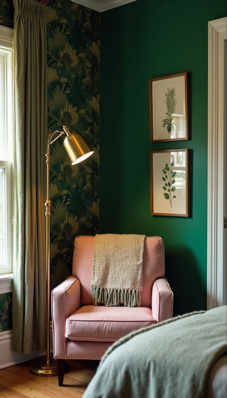 Cozy bedroom corner with emerald green tropical wallpaper, dusty pink reading chair, brass lamp, and floating shelves with botanical prints, bathed in dramatic sunset light.
