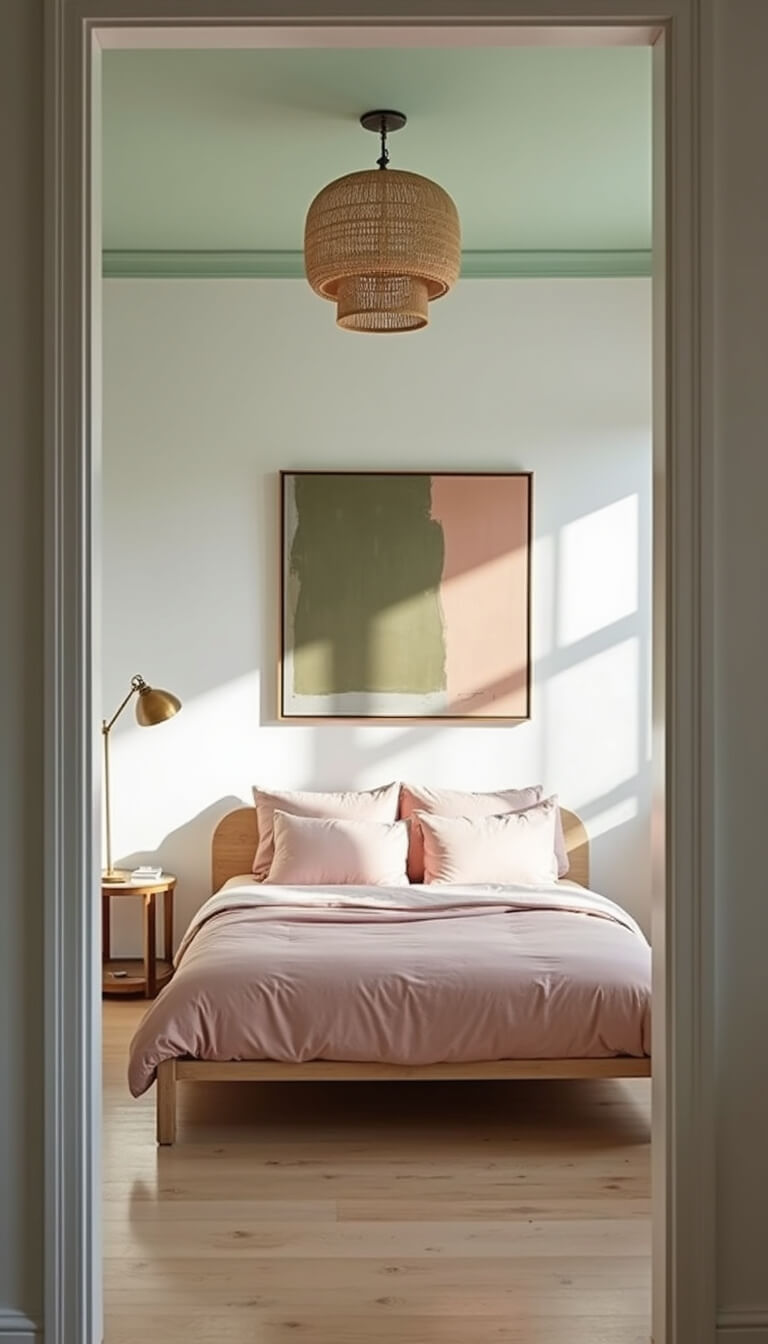 Minimalist 15x18ft bedroom with mint green ceiling, blush platform bed, and abstract art in olive and rose tones, lit naturally at midday.