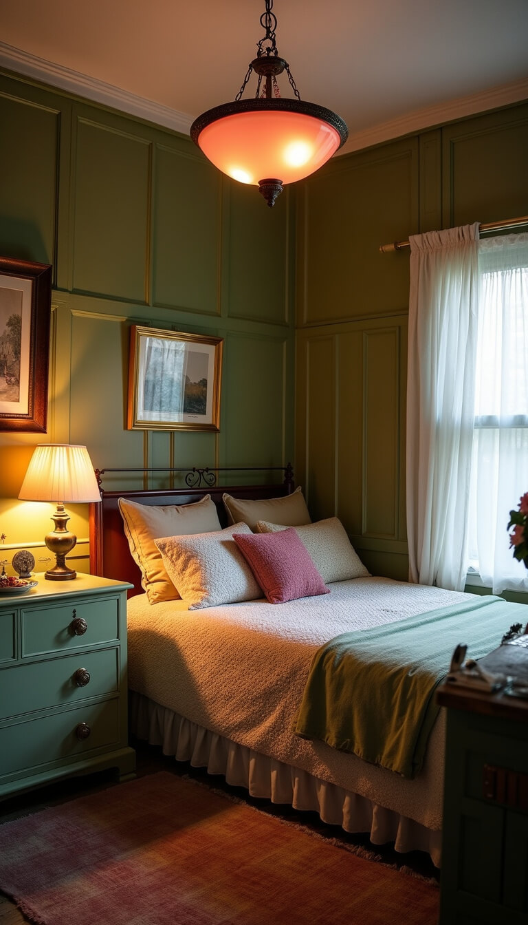 Cozy 13x15ft bedroom at dusk with olive green paneled walls, vintage pink glass chandelier, layered faded rose and sage rugs, soft green antique dresser, and moody lighting captured from above corner angle.