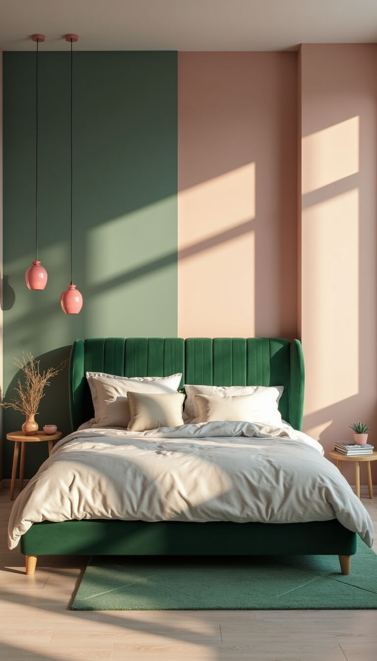 Modern 16x16ft bedroom at dawn with sage and blush color-blocked walls, king bed featuring an asymmetrical green velvet headboard, pink glass pendant lights, white oak flooring, and a geometric green rug illuminated by soft morning light.