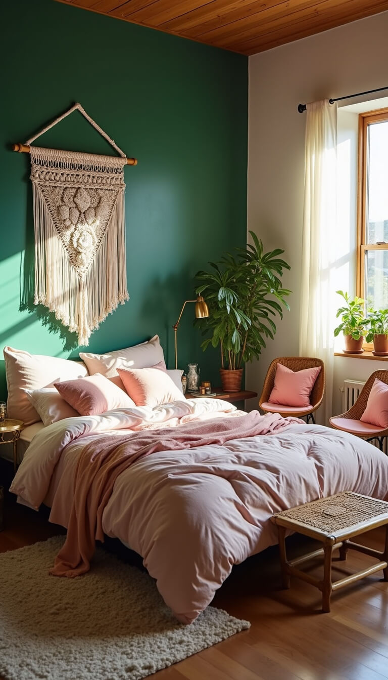 Bohemian 14x14ft bedroom with emerald green accent wall, macramé hanging, low platform bed with blush bedding, rattan chairs with pink cushions, and hanging plants in brass planters, lit by natural afternoon light.