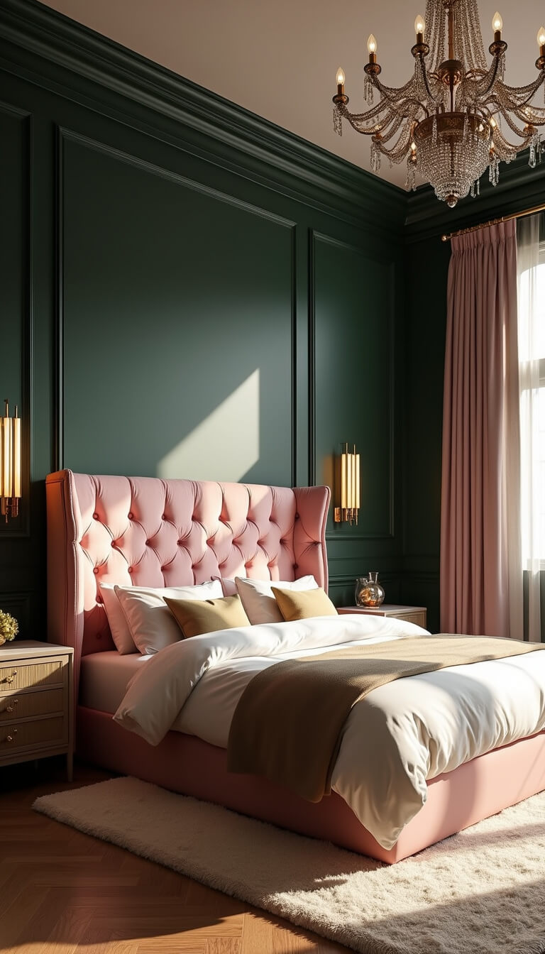 Luxurious 18x20ft bedroom at golden hour with dark green lacquered walls, oversized pink silk headboard, crystal chandelier with brass details, herringbone wood floors, plush cream rug, and dramatic shadows from a low-angle perspective.