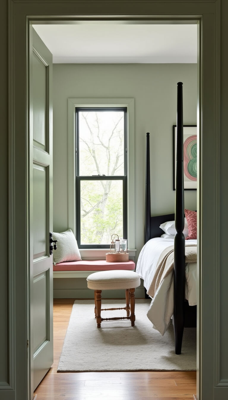Contemporary 15x17ft bedroom with sage green built-ins, blush pink window seat, matte black four-poster bed, and abstract green and pink swirl art, viewed straight-on in bright morning light.