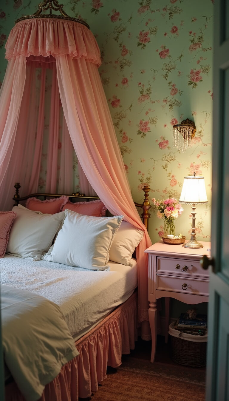 Romantic 16x14ft bedroom at twilight with mint green floral wallpaper, antique brass bed with pink tulle canopy, crystal wall sconces glowing softly, and blush pink vintage vanity reflected in mirror.