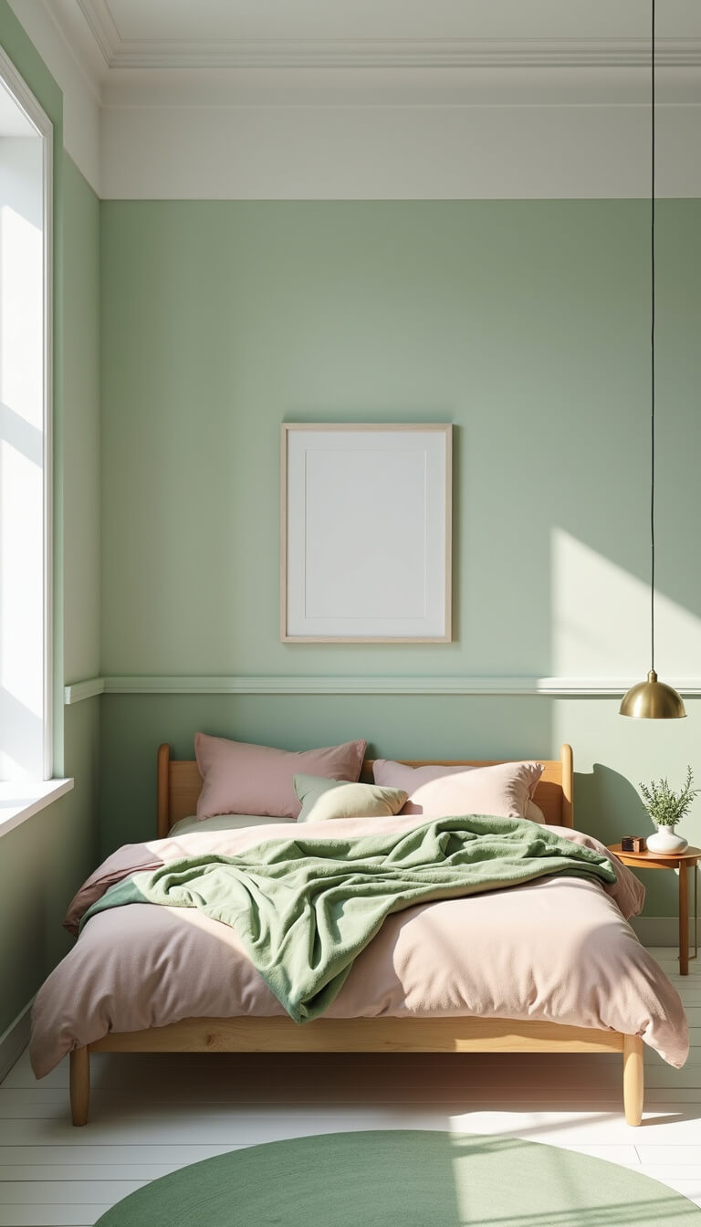 High-angle view of a Scandinavian-style 14x16ft bedroom with pale sage walls, white floors, and green geometric rug; features a wooden bed with blush and olive bedding and a brass mobile hanging from the ceiling.