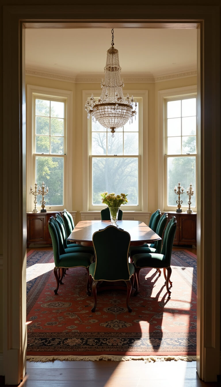 Antique dining room with mahogany table, emerald velvet chairs, crystal chandelier, and warm afternoon light.