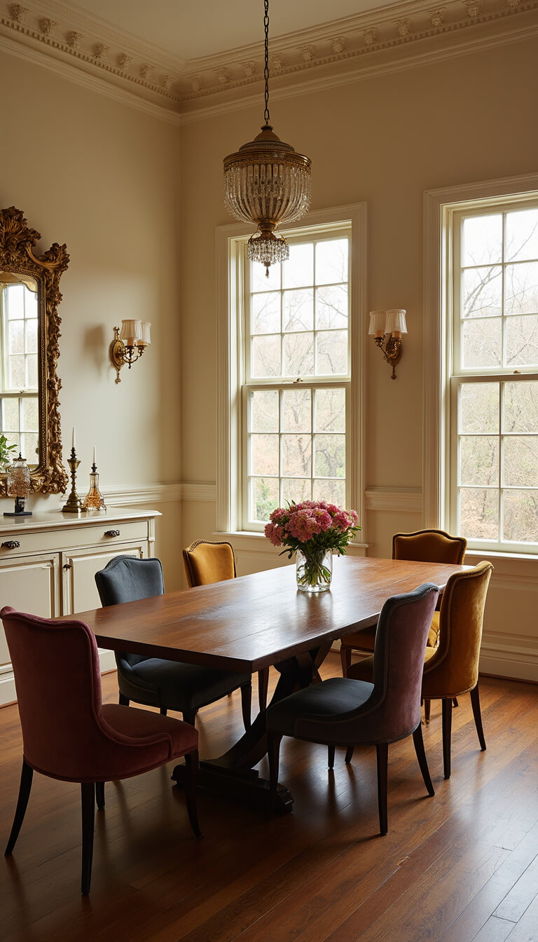 Golden hour dining room with oak trestle table, mix-matched Victorian velvet chairs, gilt mirror, and vintage decor in soft natural light.