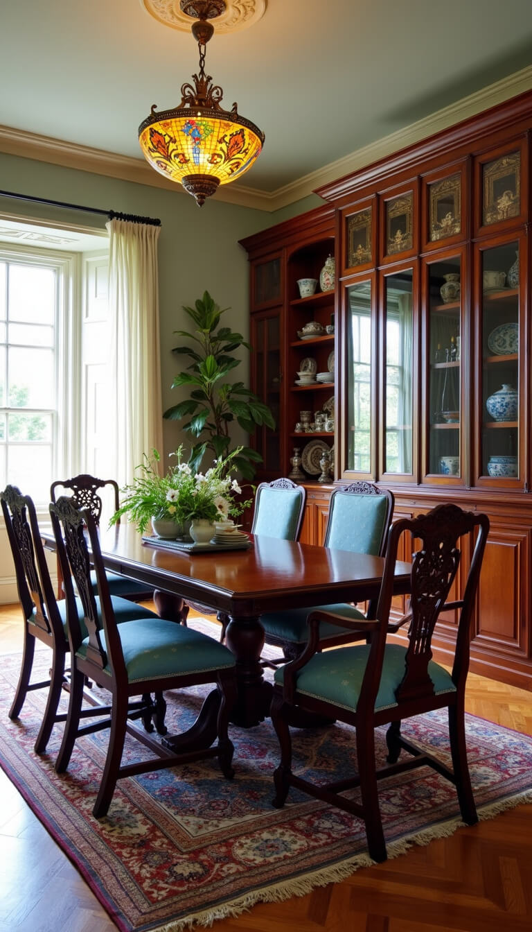 Elegant 18x20ft dining room with Chippendale cherry wood set, steel blue damask chairs, built-in china cabinets, Tiffany-style pendant lamp, oriental rug on herringbone floors, and sage green walls lit by midday natural light through sheer curtains.