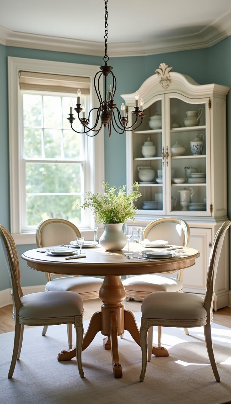 Sunlit breakfast room with round bleached oak table, French provincial chairs in white with striped linen cushions, and crystal-front hutch against pale blue grasscloth wallpaper.
