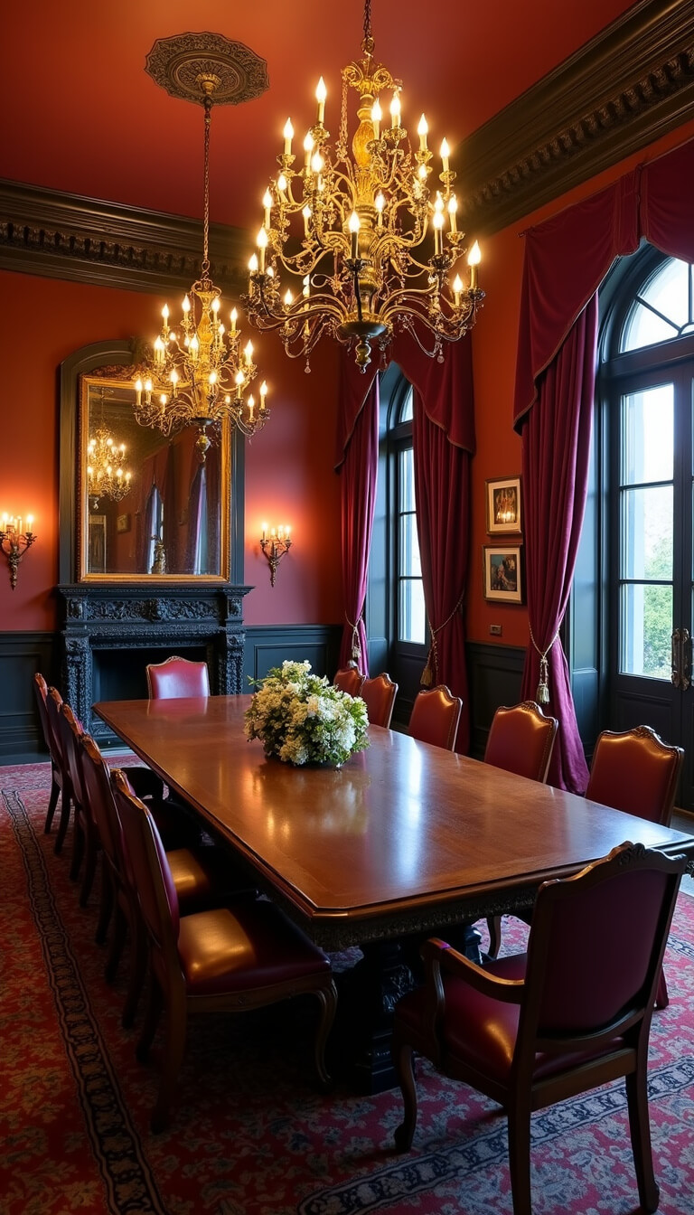 Elegant formal dining room with carved walnut furniture, burgundy leather chairs, brass chandeliers, aubergine velvet drapes, and black marble fireplace at dusk.