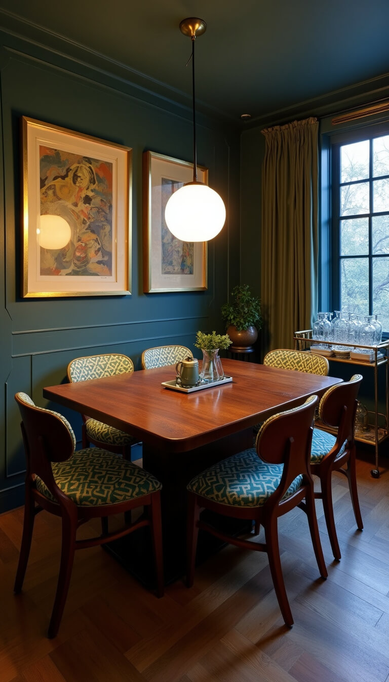 Art Deco dining nook with dark walnut table, jade and gold upholstered chairs, brass bar cart with crystal decanters, gold-framed abstract prints on navy walls, and soft pendant lighting at twilight.