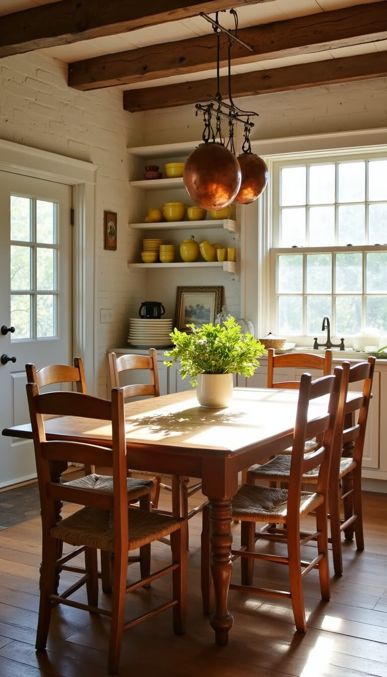 Sunlit breakfast room with pine harvest table, ladder-back chairs, yellowware on open shelves, whitewashed brick walls, exposed beams, and hanging copper pots.