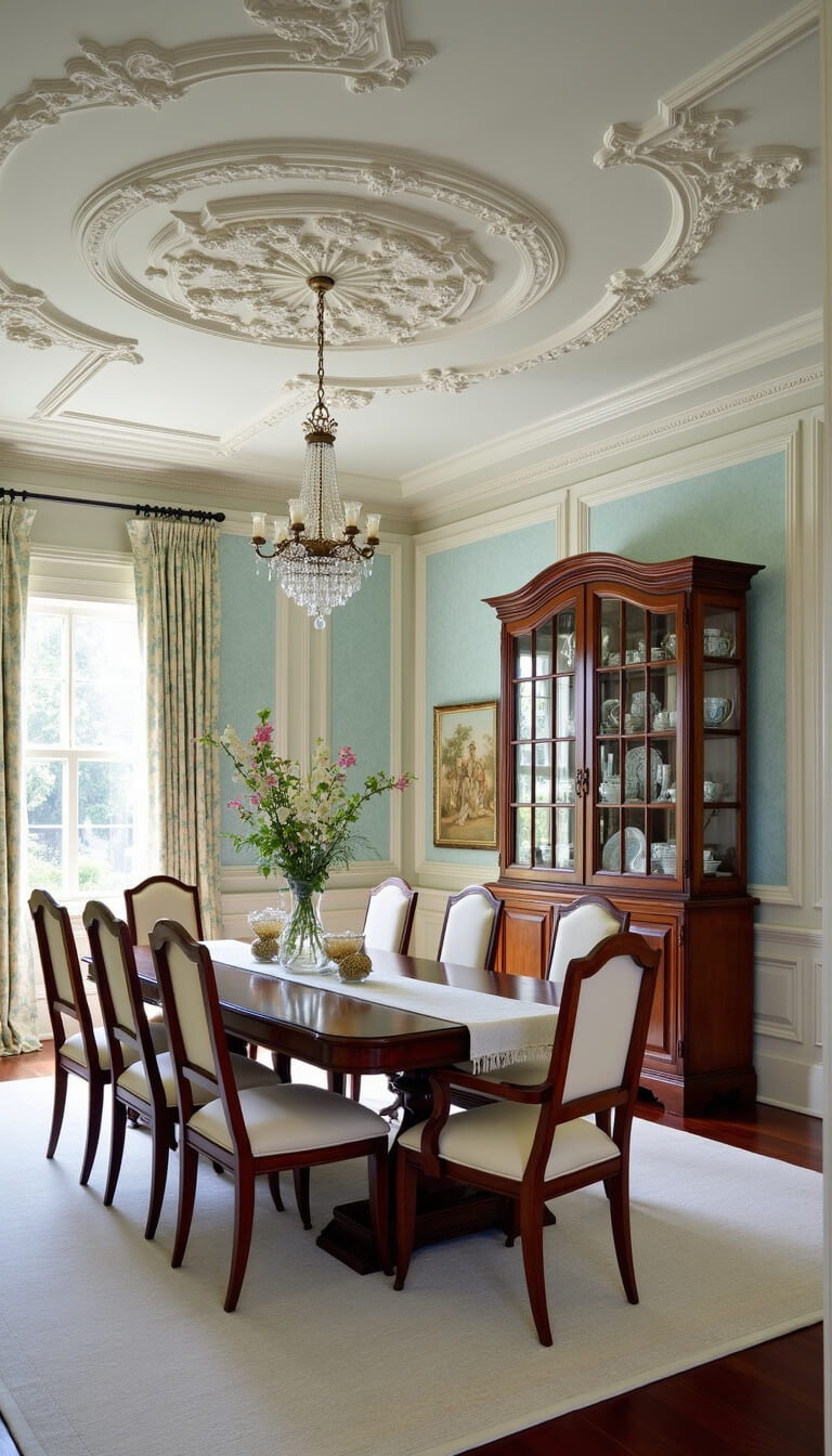 Elegant Georgian dining room with mahogany set, champagne silk chairs, china cabinets, crystal chandelier, and powder blue damask wallpaper.