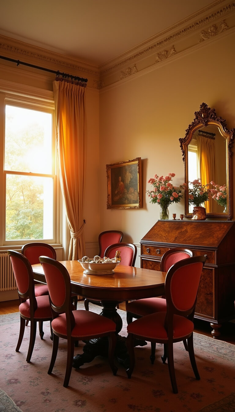 Victorian-style dining room with burled walnut oval table, rose velvet balloon-back chairs, warm cream walls, and golden hour light reflecting in gilt-framed mirrors.