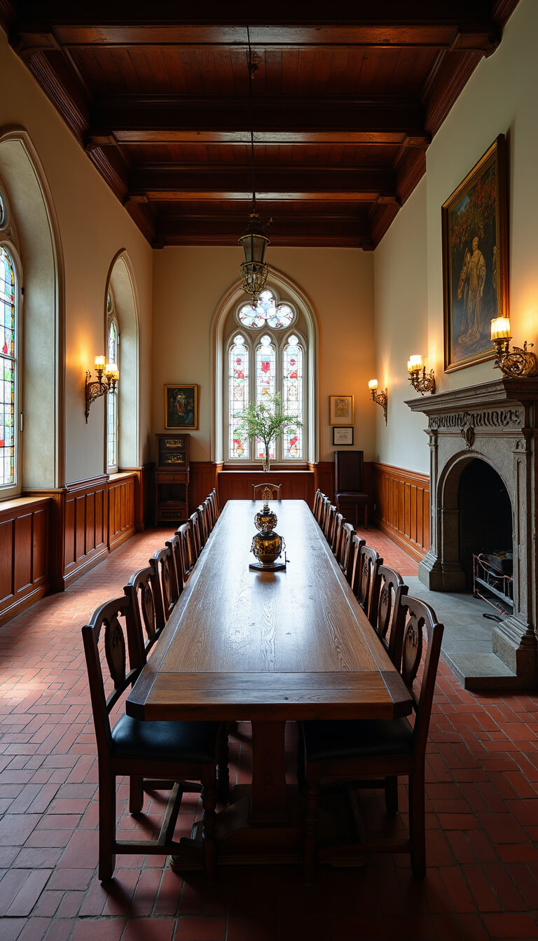 Wide-angle view of a grand 24x26ft medieval-style dining hall at noon, featuring an oak refectory table, Gothic chairs, stained glass windows, stone fireplace, tapestries, and brass sconces, captured in mixed lighting at f/8.