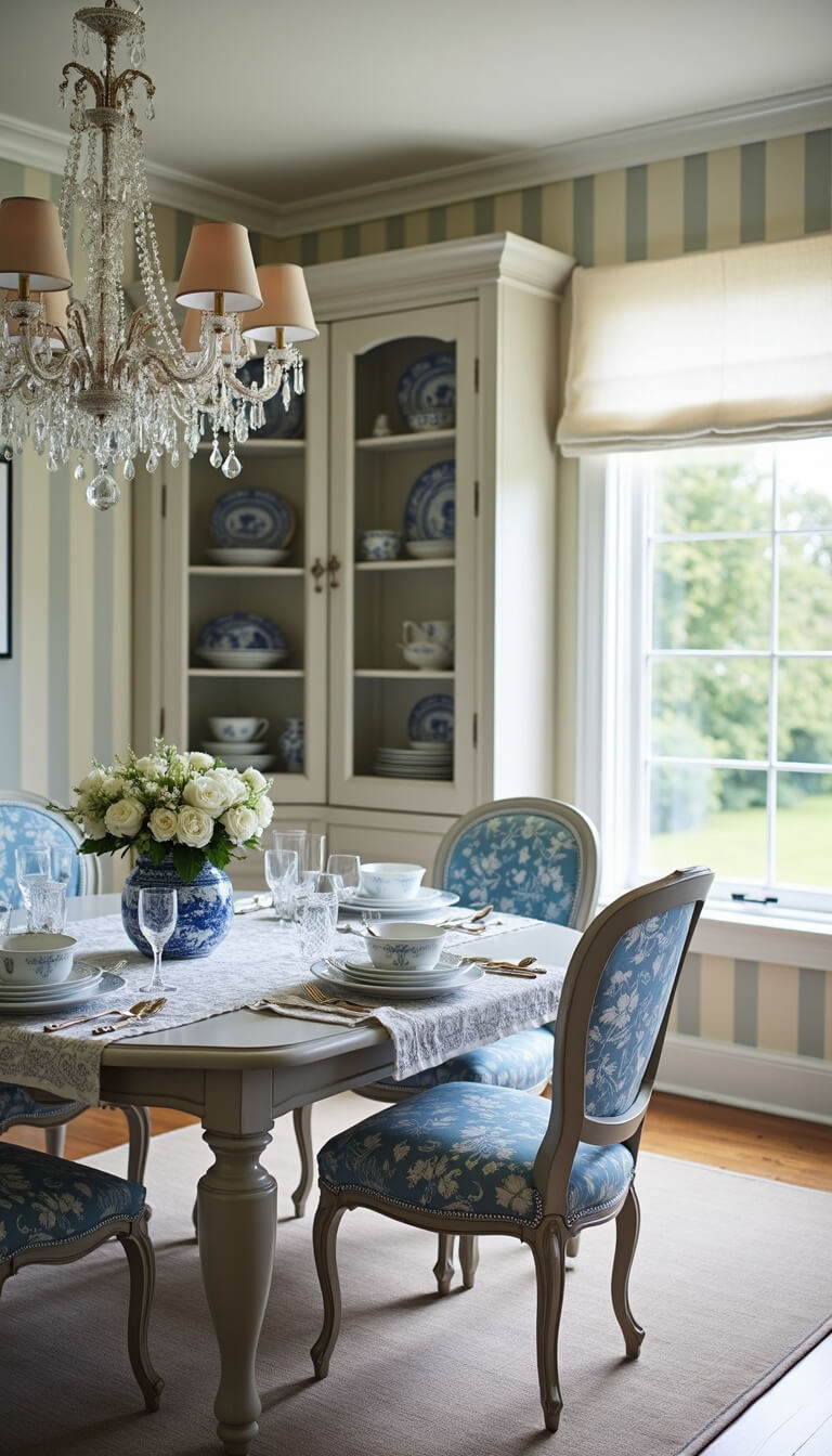 French provincial dining room with gray table and blue-and-white toile chairs, crystal chandelier, transferware in corner cupboards, and striped cream and blue wallpaper in morning light.