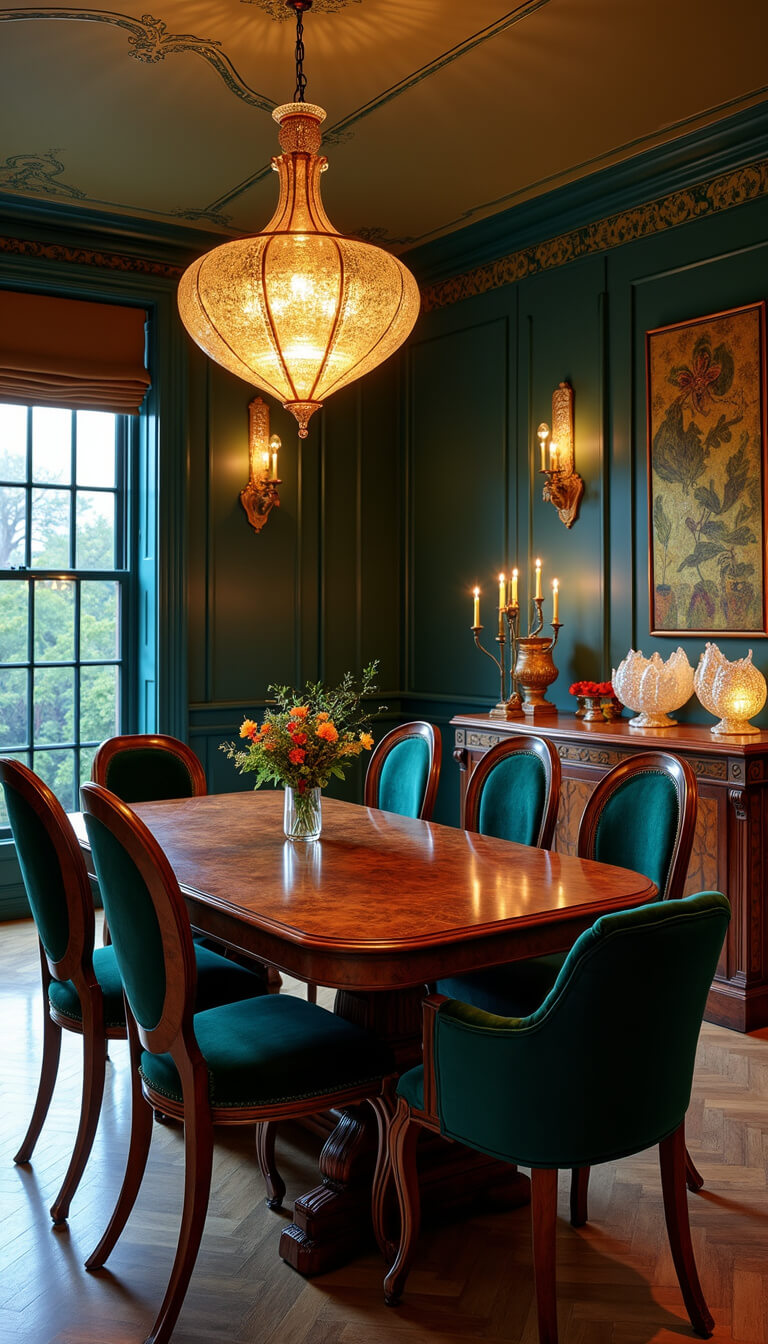 Elegant Art Nouveau dining room at dusk with exotic wood table, emerald velvet chairs, bronze and glass lighting, deep teal walls with gold stenciling, and iridescent glass decor.