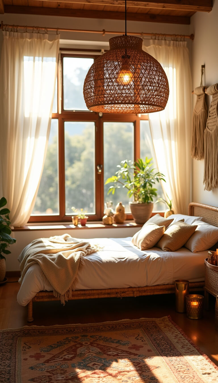 Boho bedroom bathed in golden hour light with rattan bed, layered rugs, woven pendant lamp, and sheer curtains filtering sunlight.