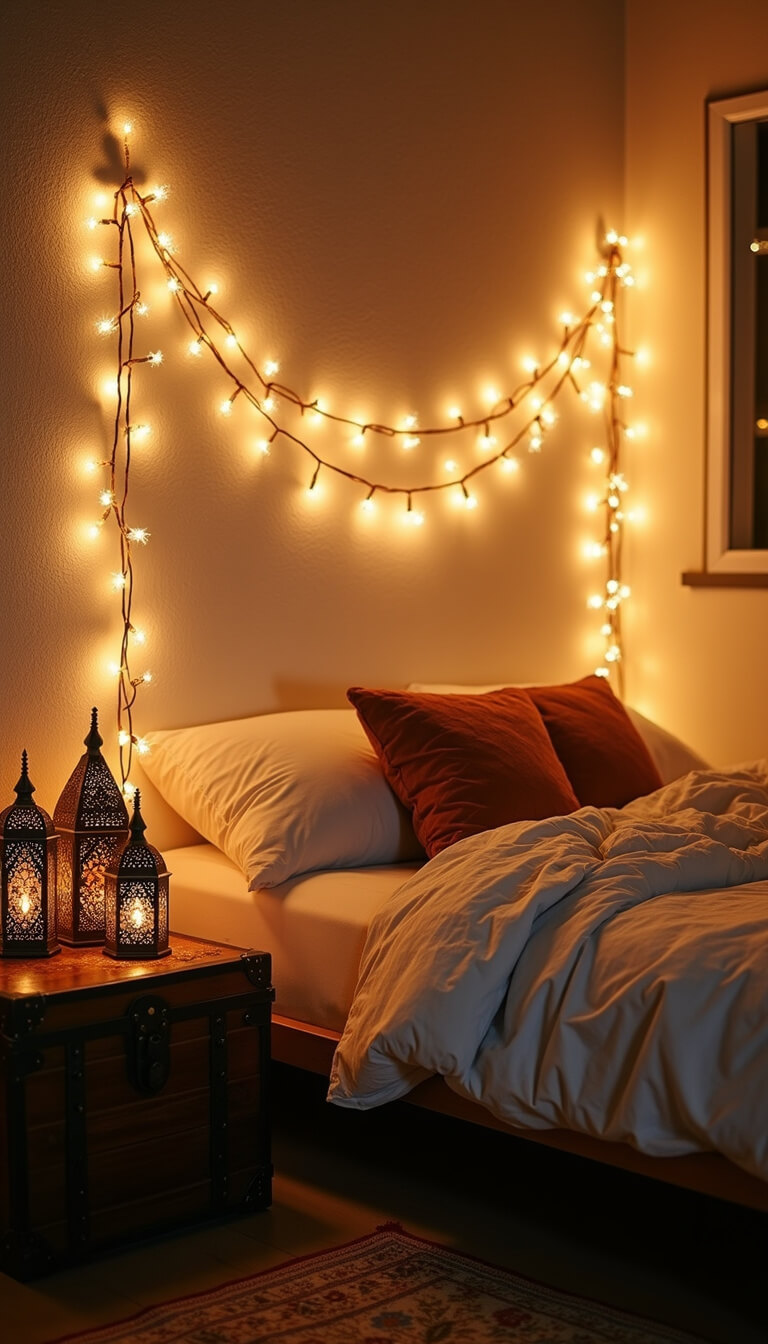 Cozy boho sleeping nook with fairy light canopy, Moroccan lanterns, and rumpled linen bedding in warm amber lighting.