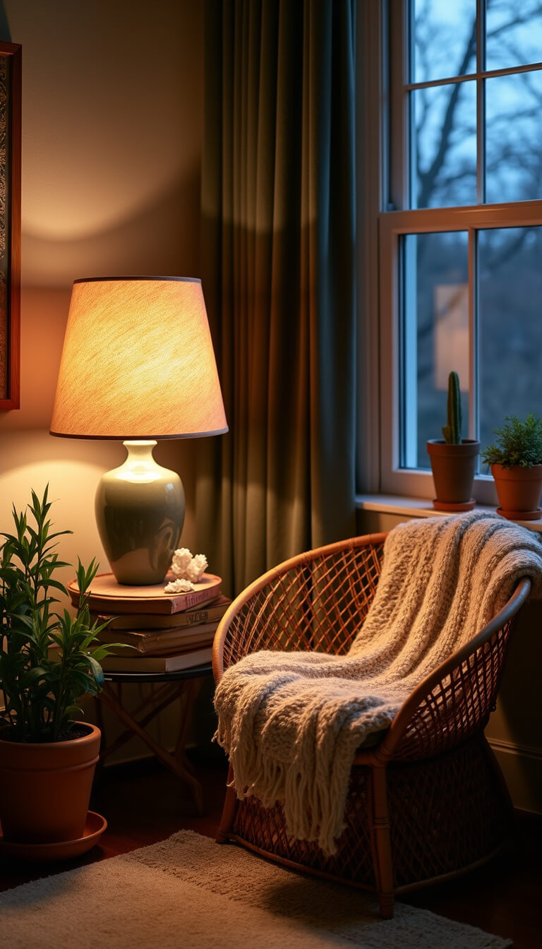 Boho reading nook at twilight with rattan peacock chair, cozy knit throw, vintage books, glowing ceramic lamp, crystal clusters, and dramatic layered lighting.