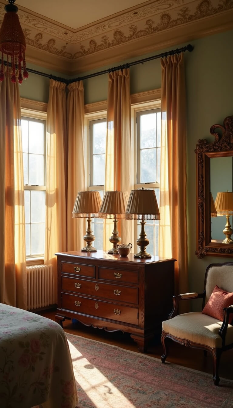 Sunlit bedroom with rattan light fixtures, carved dresser, silk-draped lamps, and brass mirror reflecting dawn light.