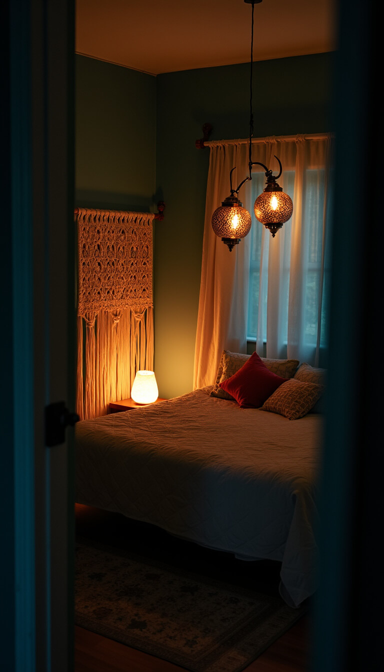 Moody evening bedroom with salt lamp glow, dark teal walls, Moroccan lanterns, backlit macramé curtain, and vintage Edison bulb pendant.