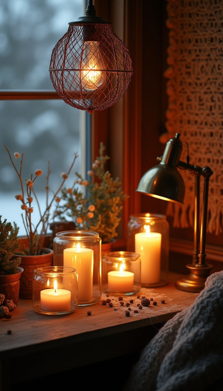 Cozy winter evening with warm lighting from copper globe pendant, pillar candles, brass reading lamp, and textured wall hanging in soft focus.
