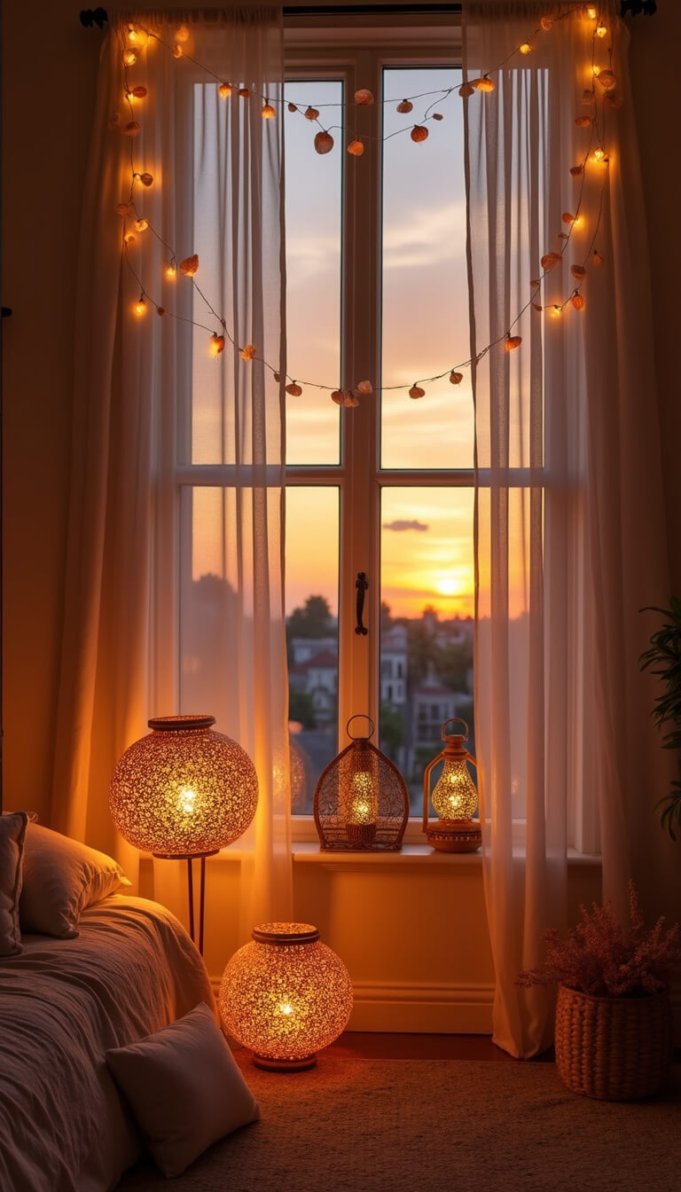 Boho sunset room with shell string lights, rattan lamp, lanterns on shelves, and golden light through gauzy curtains.