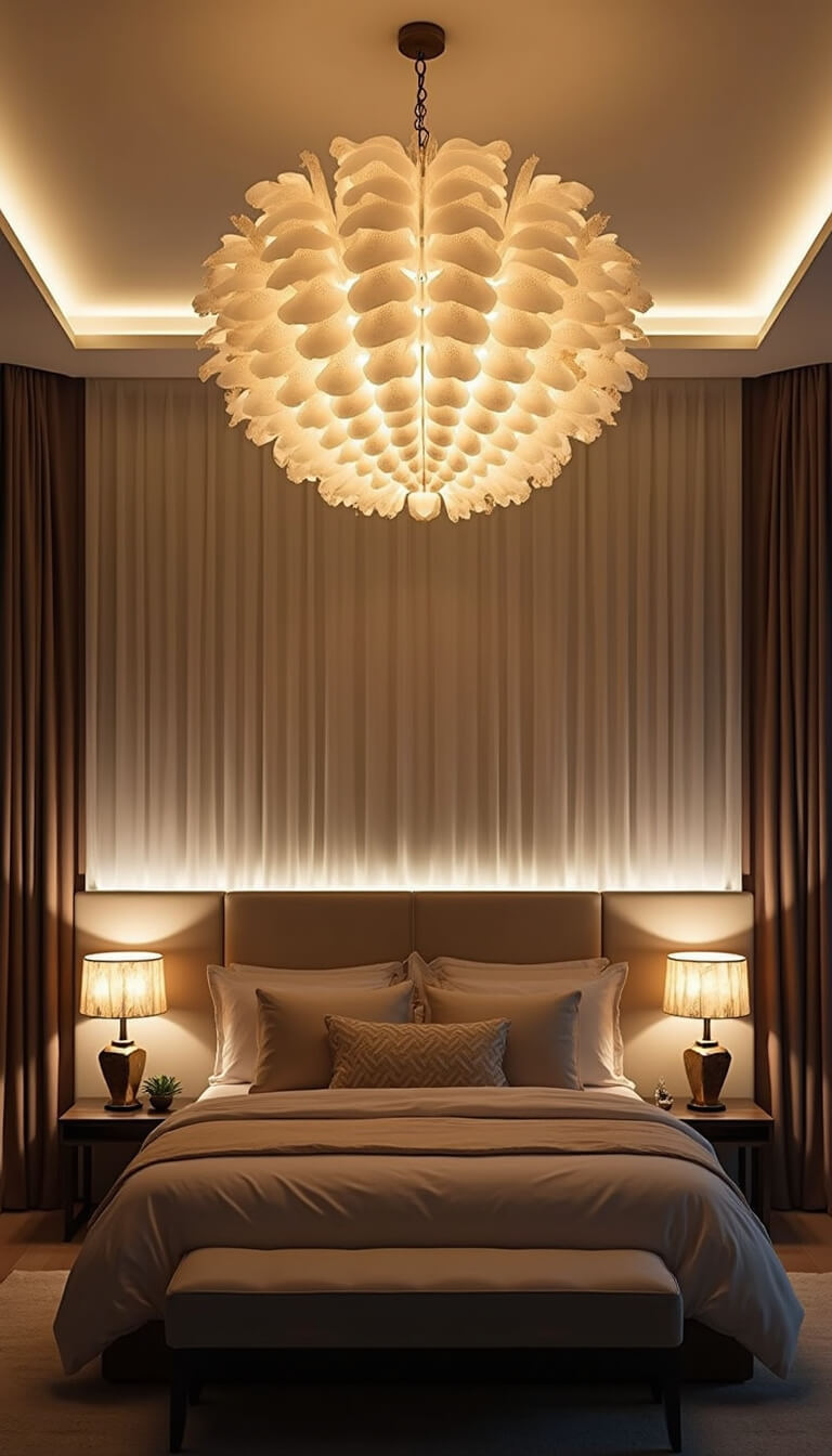 Modern boho bedroom at dusk with oversized capiz shell chandelier, ambient LED headboard glow, and mixed metal table lamps, viewed from above.