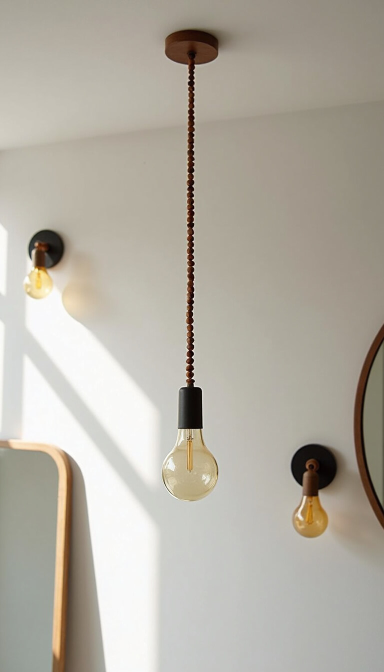 Minimalist boho morning scene with dramatic pendant light, amber sconces, and mirrors reflecting natural light.