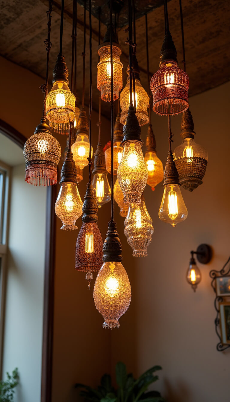 Eclectic boho lighting with varied pendant lights, vintage beaded floor lamp, and Moroccan metal sconces viewed from below.