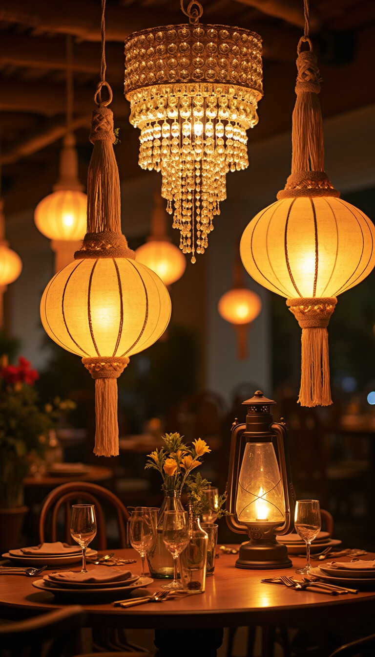 Boho evening decor with crystal-beaded chandelier, macramé accents, gold-lined lanterns, and vintage oil lamps in soft ambient light.