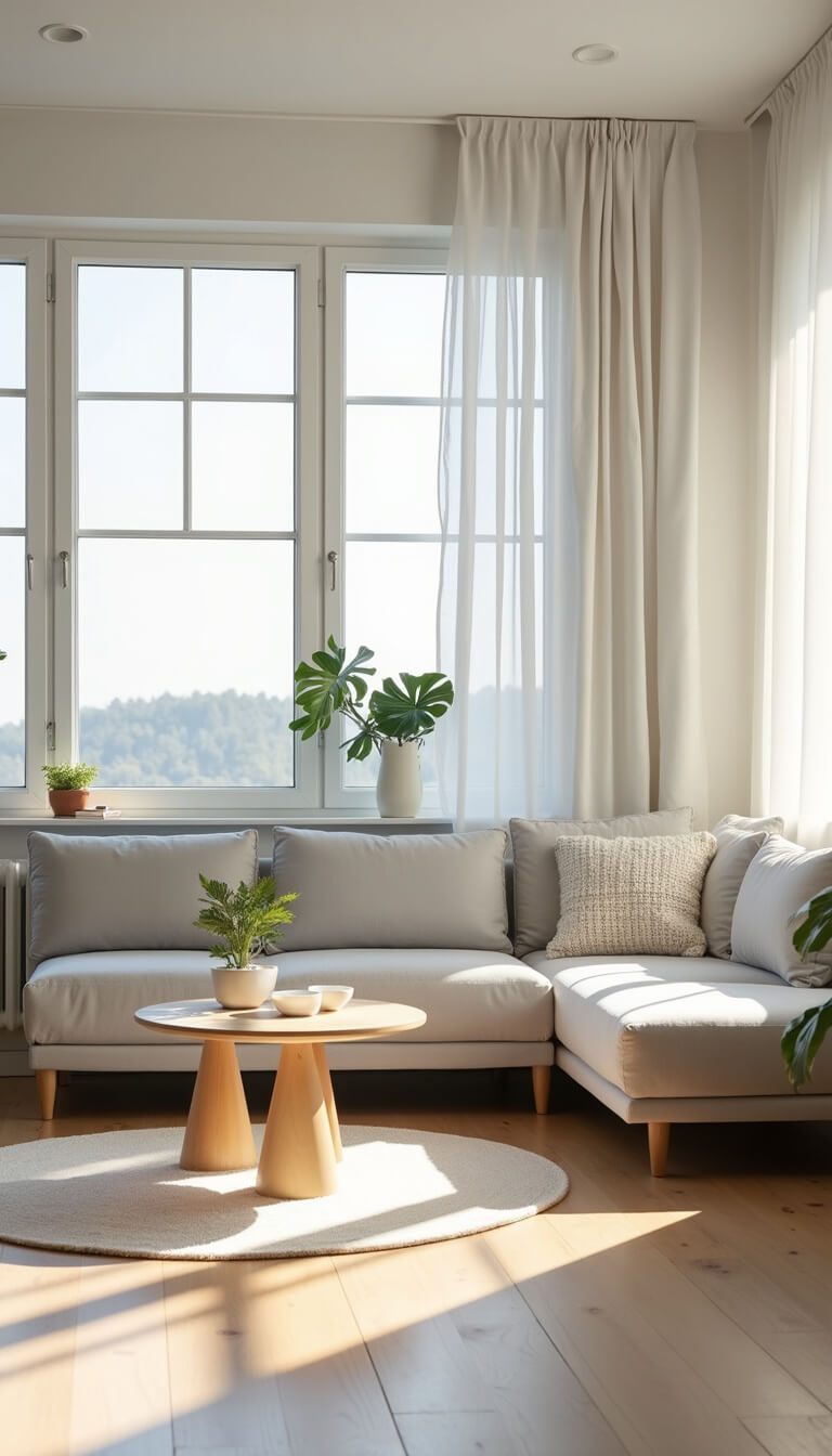 Scandinavian-style living room with gray linen sofa, birch coffee table, and late afternoon sunlight streaming through sheer curtains onto pale wood floors.
