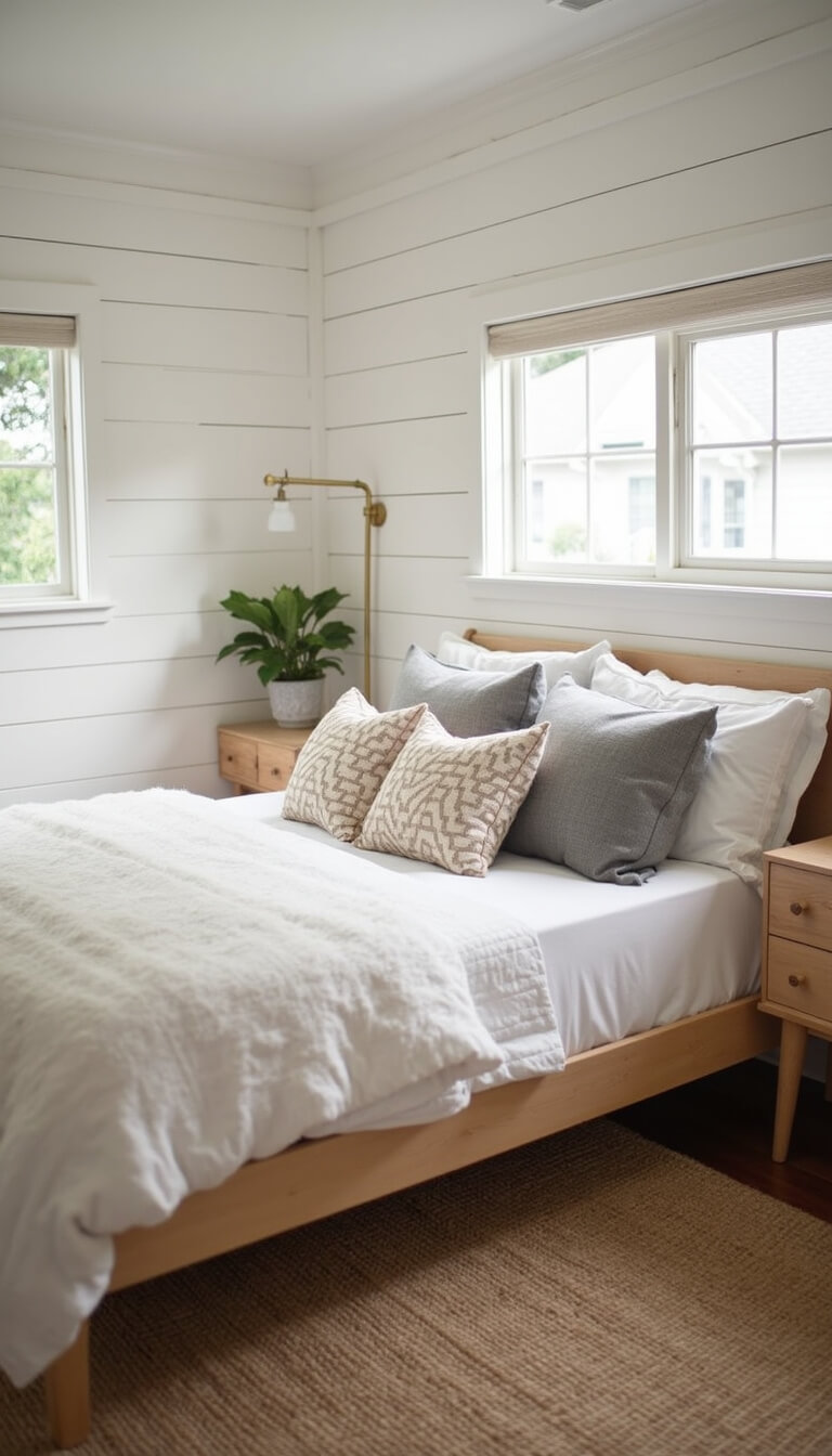 Cozy bedroom with white shiplap walls, light wood furniture, and a low bed with neutral pillows and soft morning light.