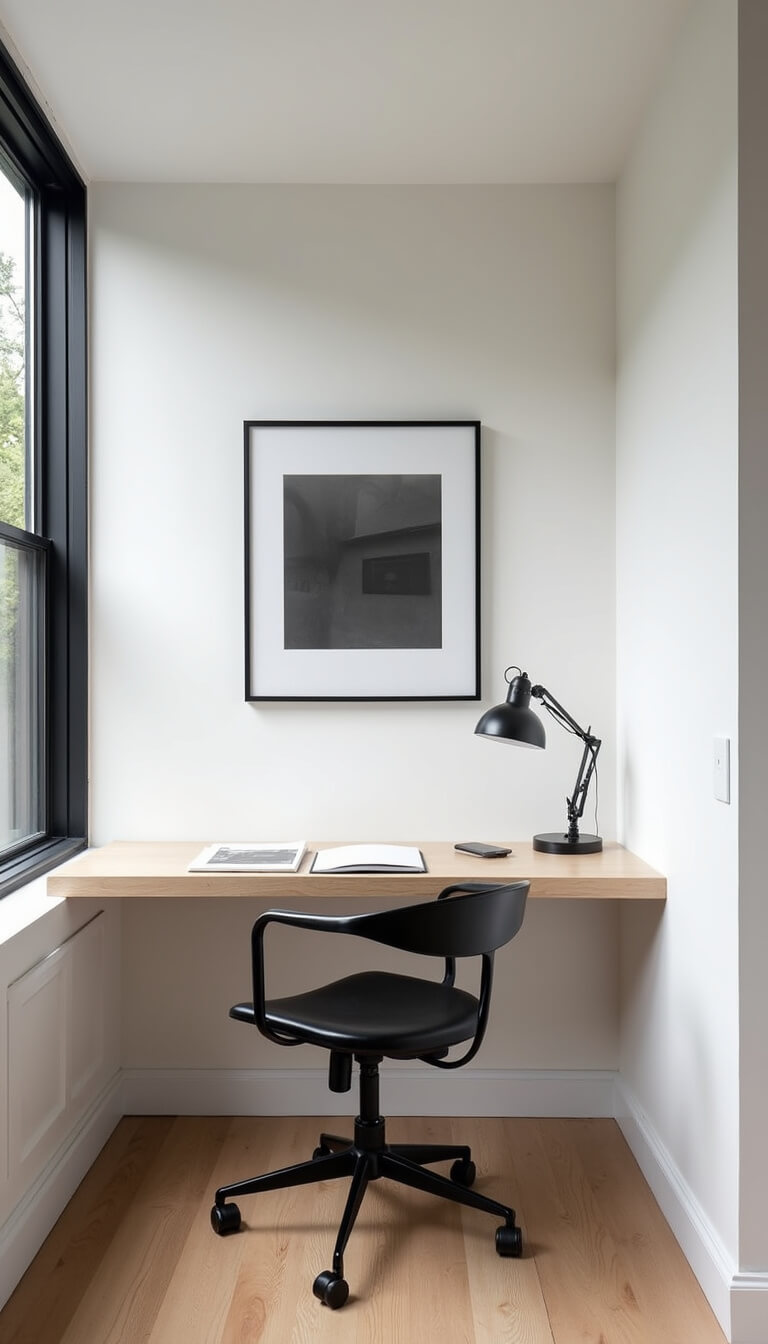 Compact 8x10ft home office nook with floating bleached oak desk, black task lamp, and framed photo against white walls, lit by mid-morning light.
