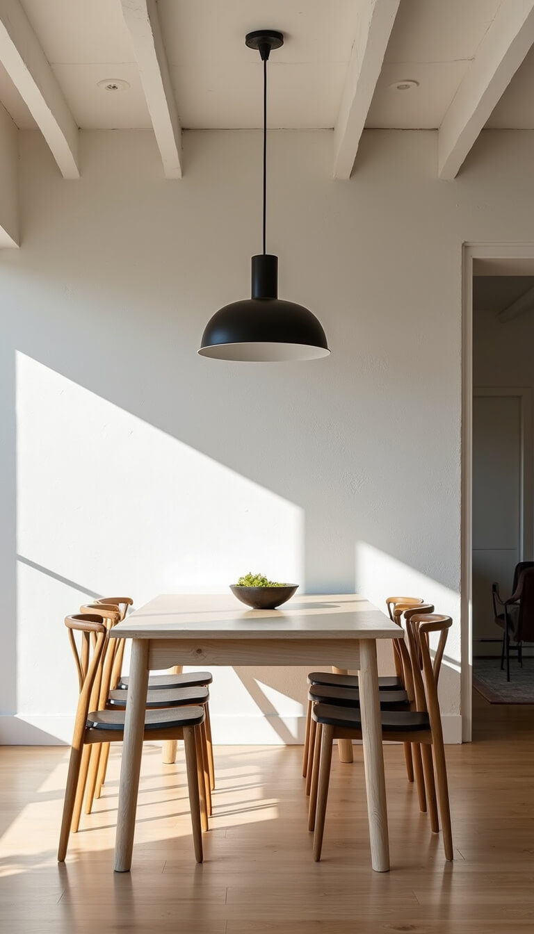 Wide-angle view of a bright 15x18ft dining area with exposed white ceiling beams, a long pale wood table, natural wishbone chairs, and a matte black pendant light casting shadows on a textured white wall.