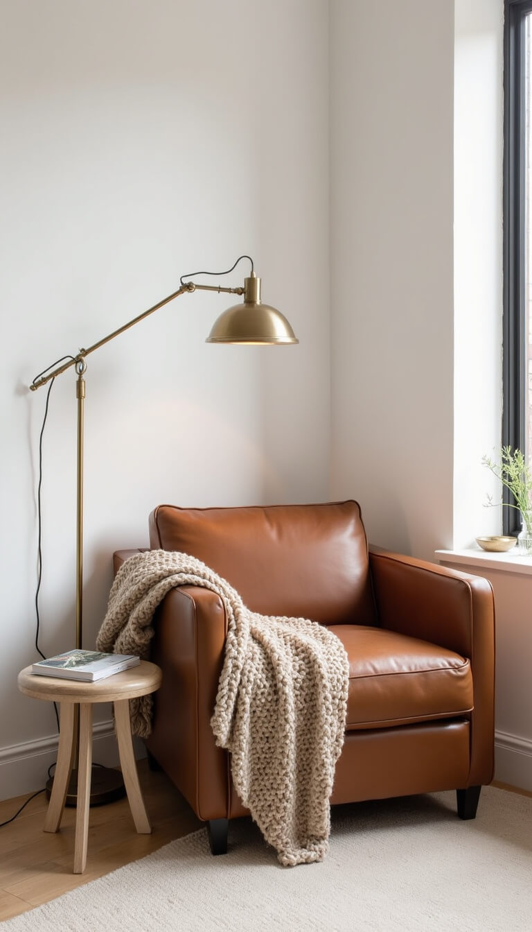 Cozy reading corner with cognac leather armchair, brass floor lamp, knit throw, and whitewashed oak side table against white walls.