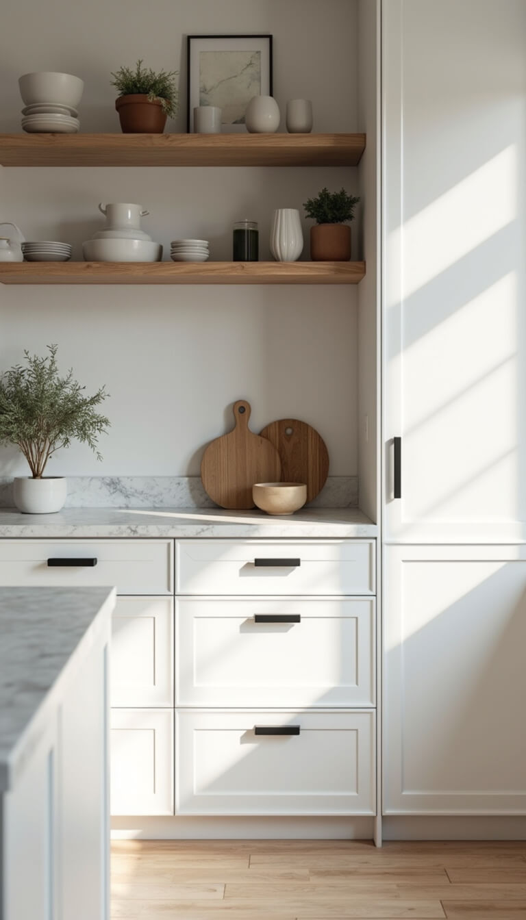 Modern 10x12ft kitchen with white floor-to-ceiling cabinets, pale wood shelves, black hardware, and marble countertops in soft morning light.